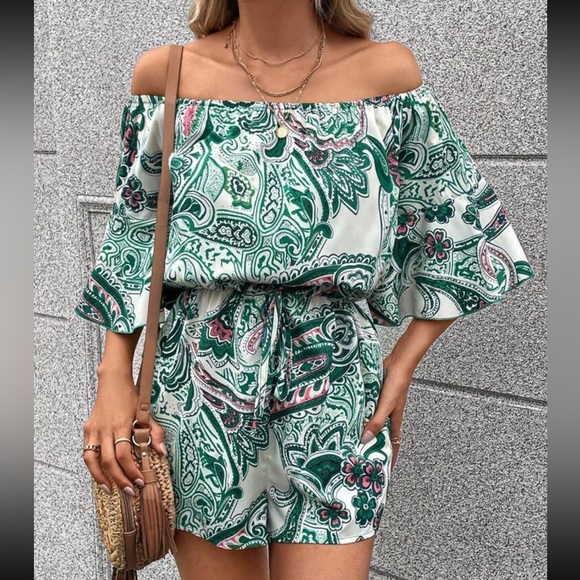 Boho floral print off shoulder knot front romper - Picture 6 of 6